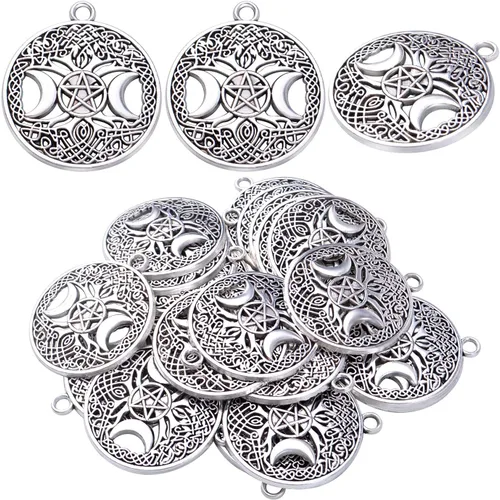 BronaGrand 20pcs Tree of Life Charms with Triple Moon Goddess Pentagram Tibetan Alloy Round Pentacle Pendants Vintage Tree Dangle Charms for DIY