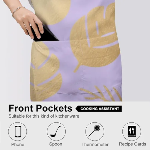 Vista 5 de MUSM Apron for Adults - 27.6 X 31.5 Inch, Heavy-Duty Polyester Aprons with Two Large Pockets, Waterproof Leaf Print Pattern Kitchen Apron for