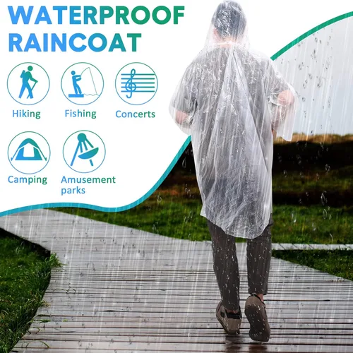 Vista 5 de 200 Ponchos de lluvia desechables para adultos, poncho de lluvia de emergencia a granel, transparente, impermeable, desechable, envuelto