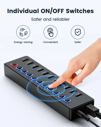 Vista 5 de Concentrador USB, concentrador USB alimentado, divisor de concentrador de 11 puertos, 10 puertos USB 3.0 de transferencia de datos + 1 puerto