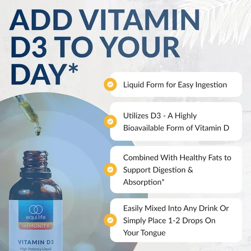 Vista 6 de Equilife Gotas líquidas de vitamina D3, líquido de vitamina D de alta potencia con grasas saludables para una fácil digestión, apoya la función