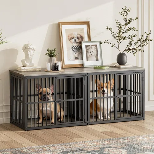 Vista 18 de Lyromix 94.48'' Mueble de jaula para perros de raza grande con soporte para TV de dos habitaciones, mesa auxiliar de jaula para perros de madera