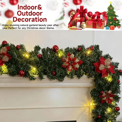 Vista 3 de Guirnalda de Navidad de 9 pies con luces, guirnalda preiluminada a pilas con racimos de bayas rojas, bolas y flores, luces LED blancas