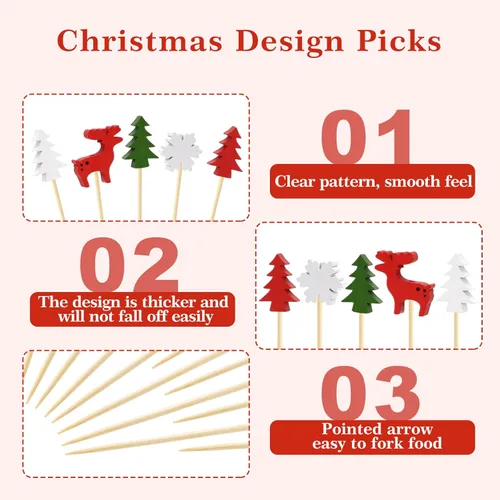 Vista 3 de Whaline 200 palillos de cóctel de Navidad, árbol de Navidad, copo de nieve, alce, palillos de dientes para aperitivos, brochetas de frutas, palillos