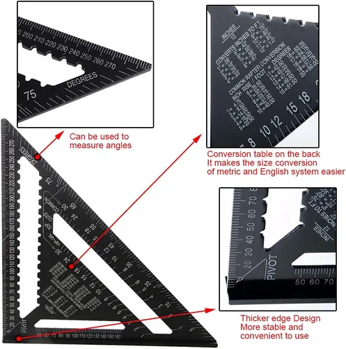 Vista 5 de ASNOMY Regla triangular de 7 pulgadas y 12 pulgadas, transportador cuadrado de regla triangular negra, reglas triangulares de aleación de aluminio