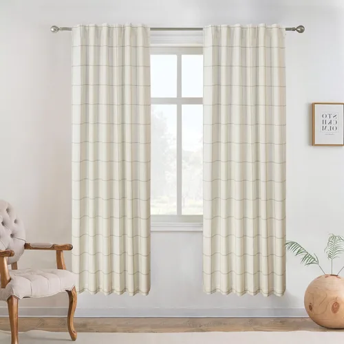 Vista 29 de DriftAway 2 paneles cortinas de lino a cuadros 100% opacas de doble capa cortinas para dormitorio de 96 pulgadas de largo estilo granja con Gris