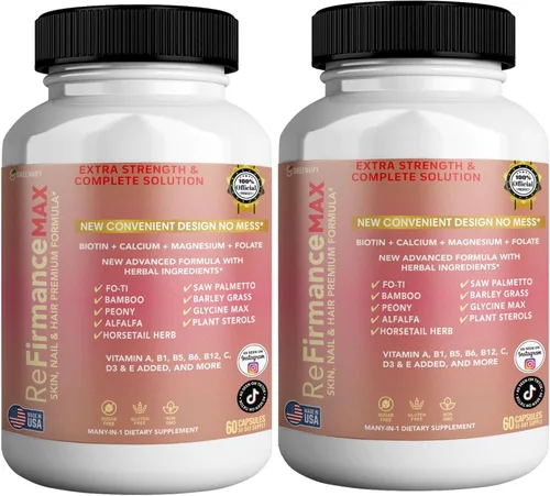 Vista 6 de ReFirmanceMax Suplemento para el crecimiento del cabello, 60 cápsulas, con biotina 5000mcg, vitaminas B12, calcio, palma enana americana, suministro