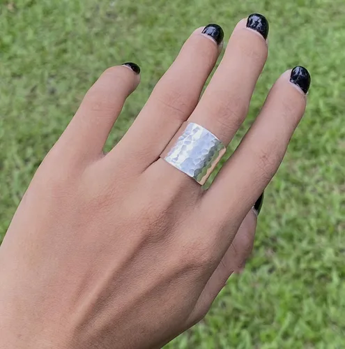Vista 4 de Hammered Sterling Silver Handmade Wide Band Ring, Classic Shiny Finish Flat Wrap Band, Adjustable to Sizes 6-12, Can fit Also as Thumb ring, Gift