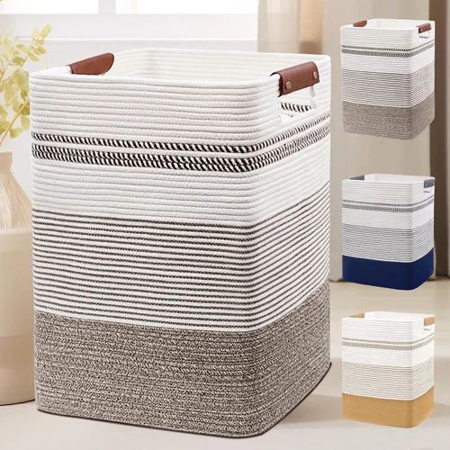Vista 15 de DOFASAYI Cesta de Ropa Sucia - Cesta de Lavandería Grande de 85L con Asas de Cuero, Cesta de Almacenamiento Decorativa para Mantas - Cesta de Ropa