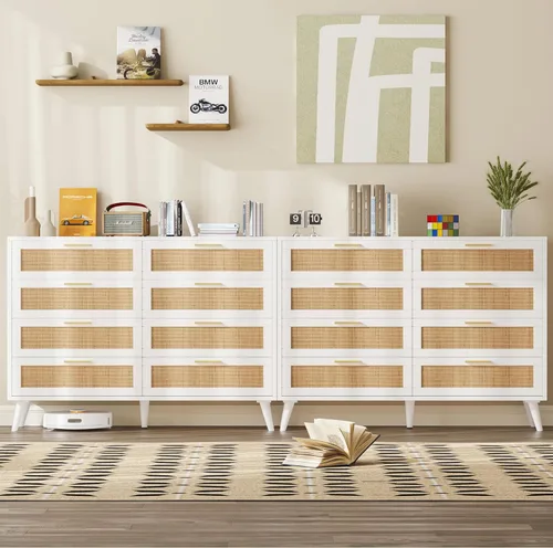 Vista 26 de Rovaurx Cómoda doble de 6 cajones para dormitorio, cómoda de ratán, cómoda de madera moderna con asas doradas, mesa auxiliar para armario, sala