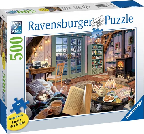 Vista 2 de Ravensburger - Cozy Retreat - Rompecabezas de 500 piezas de gran formato - Disfruta de la serenidad de una escena simple, completo con té y un buen