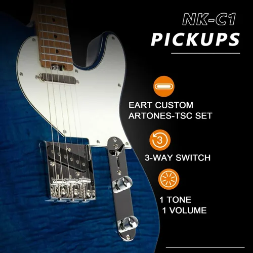 Vista 3 de EART NK-C1 - Guitarra eléctrica clásica, con diapasón de arce, trastes de acero inoxidable, chapa de arce de llama - Azul