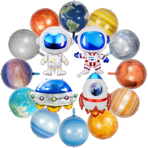 16 Piezas Globos Espaciales de Galaxia - Decoraciones Temáticas del Espacio Exterior Grandes Cohete Nave Espacial Astronauta Planeta Globos de Papel