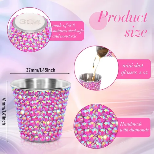 Vista 2 de Tioncy Paquete de 12 vasos de chupito de San Valentín de 1 onza de acero inoxidable con diamantes de imitación de acero inoxidable, vasos pequeños