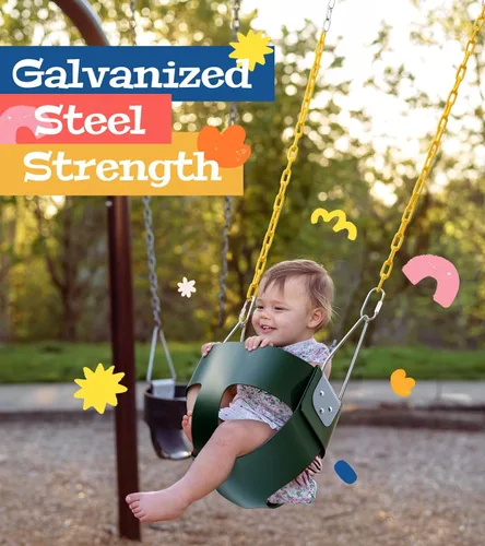 Vista 4 de little dove Cubo completo de respaldo alto, columpio para niños pequeños con cadenas revestidas y protección triangular de inmersión para mayor Verde