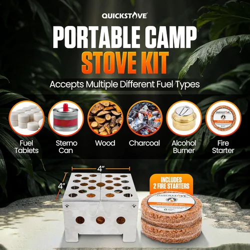 Vista 3 de Kit de cocina de emergencia portable para campamento. Estufa multigasolina, olla de acero inoxidable y alimentos, ideal pata kits de supervivencia