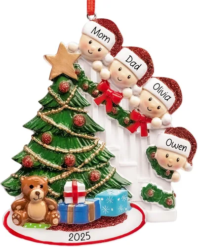 Adorno de Navidad personalizado para familia de 4 2026 | Familia de cuatro regalos mirando sobre el árbol de Navidad | Regalo de recuerdo único