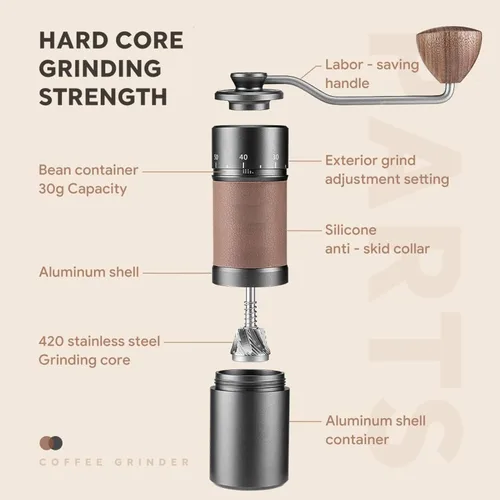Vista 6 de Molinillo de café manual con anillo de ajuste de molienda externa portátil, molinillo de café de mano de rebabas cónicas de acero inoxidable, gran