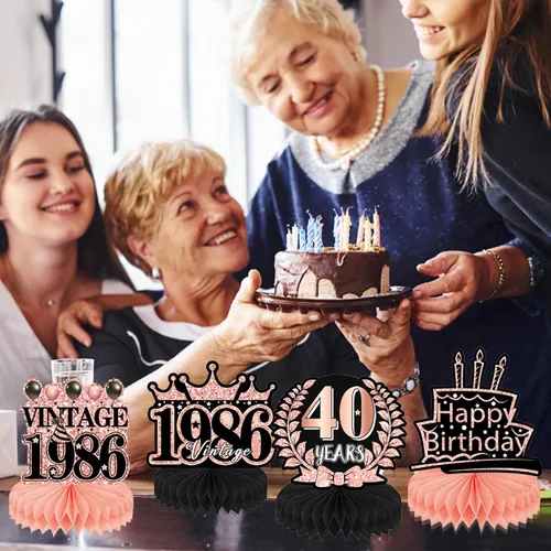 Vista 6 de Decoraciones de cumpleaños número 40 para mujer, 9 piezas, decoraciones de fiesta de cumpleaños rosa, decoraciones de feliz cumpleaños 40