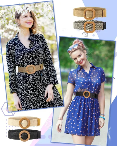 Vista 4 de Paquete de 4 cinturones tejidos con pajilla, cinturón elástico de ratán para mujer, cinturón de vestir de rafia, cinturón de madera con hebilla