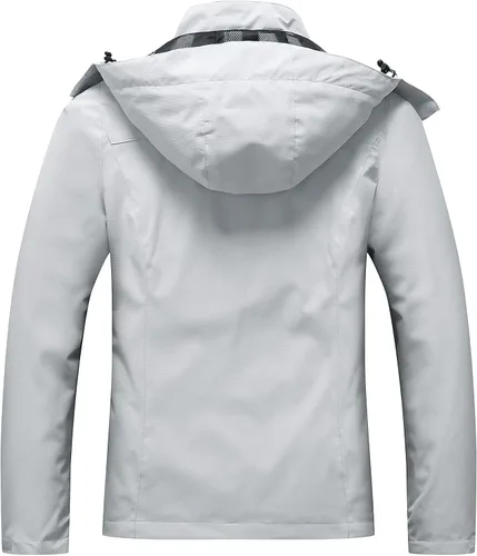 Vista 2 de OTU Chaqueta impermeable para mujer, ligera, impermeable con capucha para senderismo, viajes al exterior.