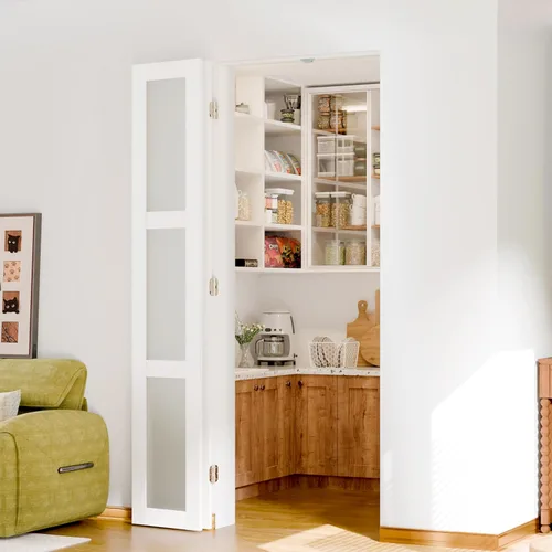 Vista 20 de Puerta Plegable de 180 Grados, para Aberturas de Puerta de Despensa de 24″x 80″, Puerta Plegable Blanca 1-Lite con Vidrio Esmerilado con Conjunto