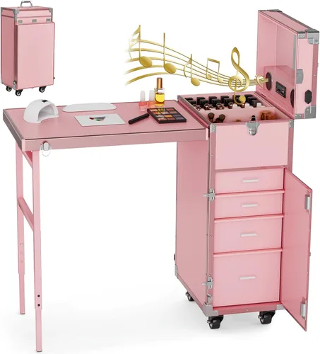 Vista 10 de Icoget Escritorio portátil para uñas, mesa de manicura plegable con ruedas, estuche de tren de maquillaje para enseñar uñas, 2 fundas de escritorio