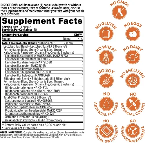 Vista 4 de Probulin Probiótico Total Care, soporte intestinal diario para adultos, 20 mil millones de UFC, 30 cápsulas