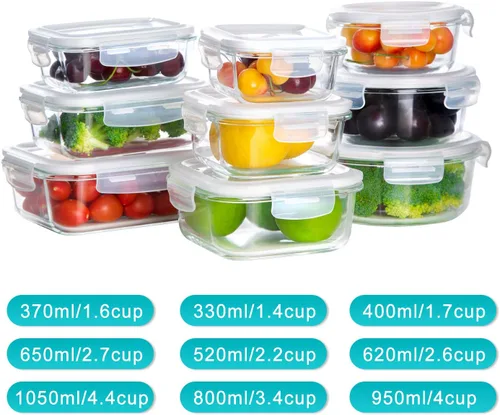 Vista 3 de Bayco - 9 juegos de recipientes de vidrio con tapa, recipientes herméticos de vidrio para preparación de comidas, para almacenamiento de alimentos