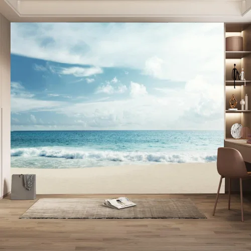 Vista 9 de Mural de pared 3D Ocean Beach, paisaje tropical, papel tapiz autoadhesivo extraíble para sala de estar, dormitorio, decoración de pared, 59 pulgadas