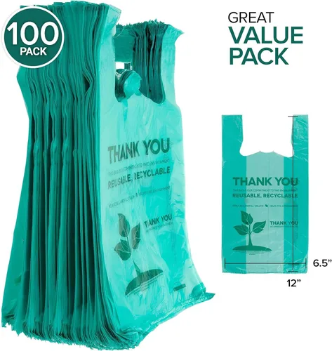 Vista 2 de Stock Your Home Bolsas de comestibles ecológicas desechables con asas, bolsa de camiseta de agradecimiento para supermercado, comestibles