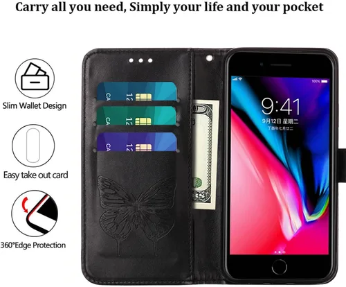 Vista 9 de Funda para iPhone SE 2022/SE 2020, 6/6S/7/8 Mariposa floral en relieve, correa de muñeca, ranuras para tarjetero, funda protectora de cuero