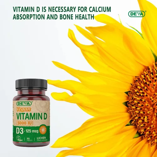 Vista 5 de DEVA Vitamina D3 5000 UI, suplemento de sol, 125 mcg de D3 vegano, botella de 90