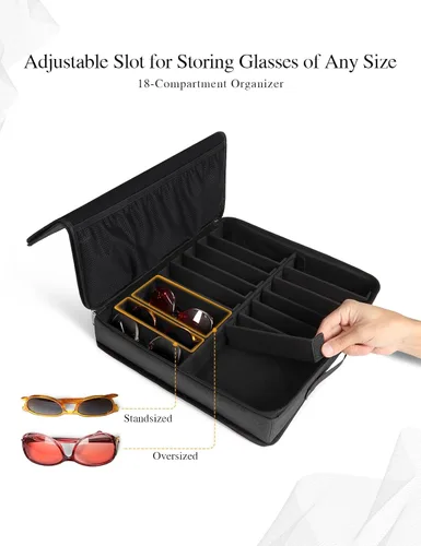 Vista 3 de Bukere Sunglasses Organizer Case, 18 Adjustable Slots for Multiple Pairs Eyeglasses, Travel Glasses Holder Storage Box