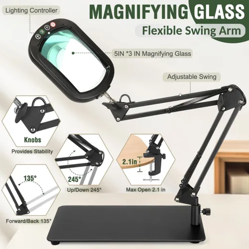 Vista 6 de Veemagni Lupa de Aumento 10X con Luz y Soporte, Vidrio Real Rectangular, 5 Modos de Color Regulables Lámpara de Escritorio LED 2 en 1 y Abrazadera