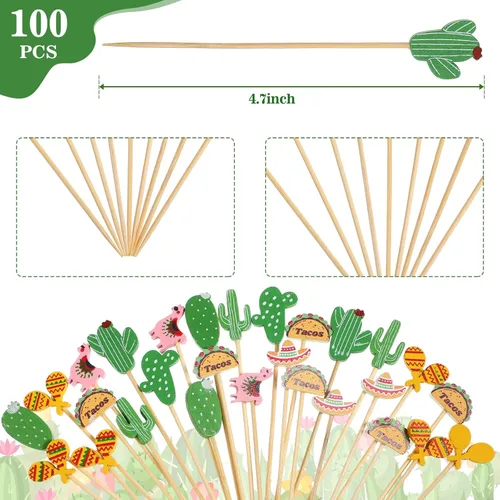 Vista 2 de 100 piezas de decoración para cupcakes, fiesta mexicana, surtido tropical, palillo de dientes, llama, cactus, sombrero mexicano, hecho a mano