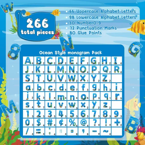 Vista 3 de Paquete combinado de 266 letras para tablón de anuncios, letras bajo el mar y detalles de números para tablón de anuncios, decoración del hogar