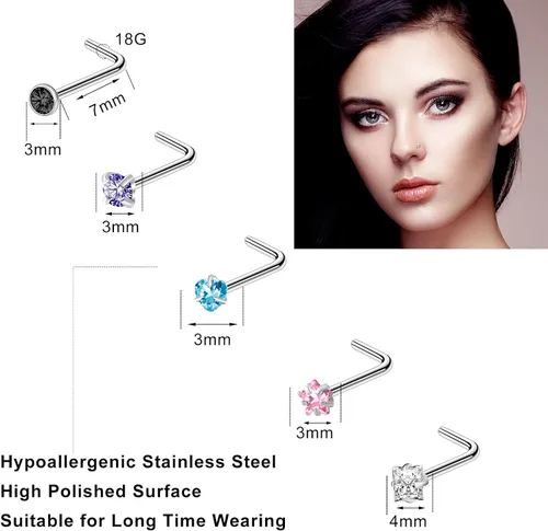 Vista 2 de ONESING 36-44 piercings de nariz de 0.71 oz para mujer, joyería de acero inoxidable quirúrgico recto, aretes de nariz rectos, luna, estrella