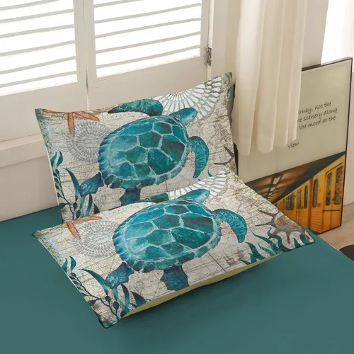 Vista 7 de MUSOLEI Juego de edredón con diseño de tortuga marina, juego de ropa de cama con temática de tortuga marina, colecciones de ropa de cama suave