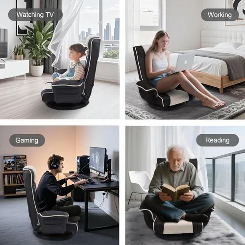 Vista 7 de Sillas giratorias de suelo para adultos, silla de juegos de suelo con brazos extra anchos, soporte de espalda de 14 ángulos, ajustable, cómodo, tela