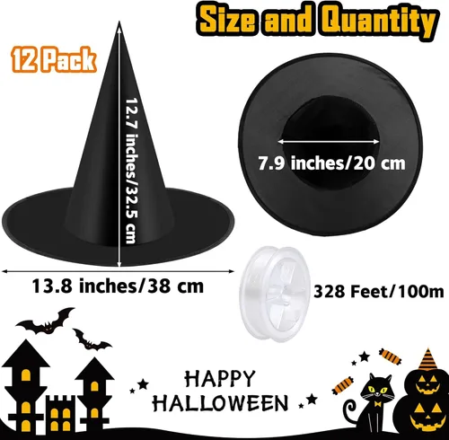 Vista 2 de Elcoho 12 sombreros de bruja para disfraz de Halloween con cuerda colgante de 100 yardas para decoración de patio de Halloween