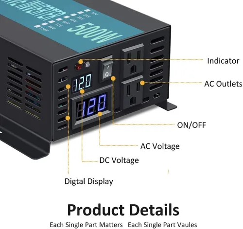 Vista 3 de Confiable RBP-500S-LED 500w onda sinusoidal pura inversor de energía solar 12v 120v 60hz (negro)