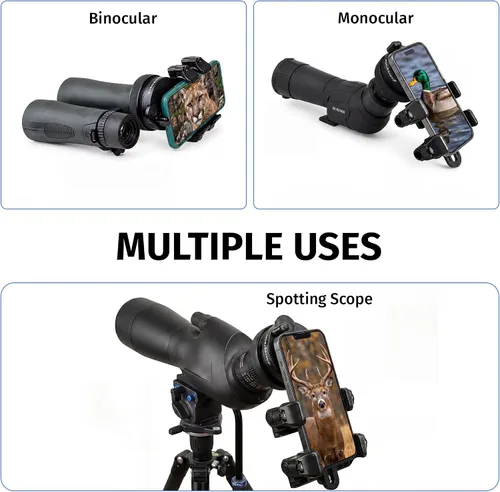 Vista 2 de El adaptador universal para digiscoping de doble agarre conecta todos los teléfonos inteligentes a prismáticos, telescopios de visión, telescopios