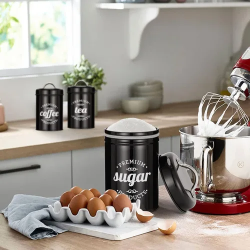 Vista 5 de Juego de 3 tarros de almacenamiento de alimentos, recipiente hermético para café, organizador de té y recipiente de azúcar, decoración rústica