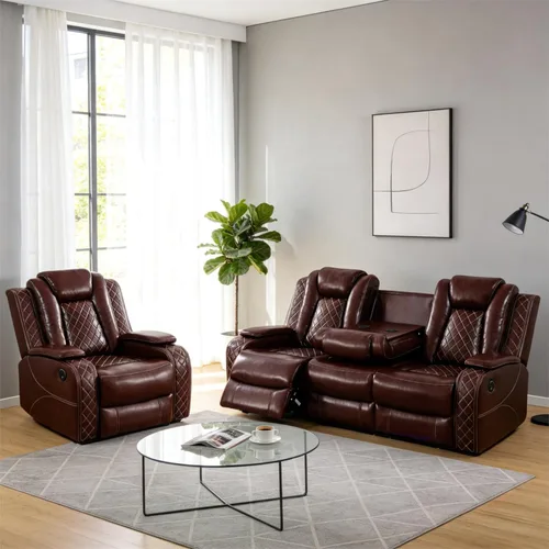 Vista 14 de Juego de sillón reclinable eléctrico + sofá biplaza + sofá, juego de sofá reclinable eléctrico con iluminación LED, cuero transpirable, cubos