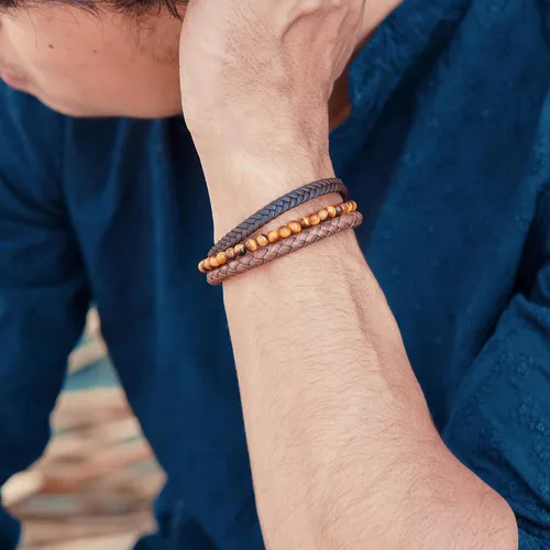 Vista 34 de RTZN® Brown Leather Bracelet for Men – Premium Artisan Handcrafted Mens Leather Bracelet – Multi-Stand Mens Bracelet Leather Collection Beaded