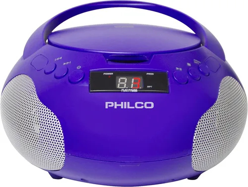 Philco Reproductor de CD portátil Boombox con altavoces y Radio AM FM | Reproductor de CD Boom Box Morado Compatible con CD-R/CD-RW y CD de audio