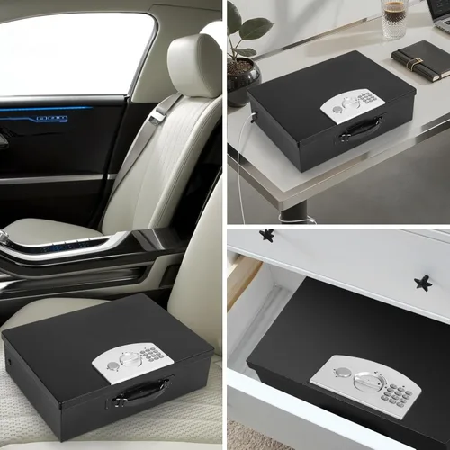 Vista 8 de Dalmbox Caja de seguridad portátil de metal con bloqueo de código digital, almacenamiento resistente al fuego para documentos, caja de seguridad