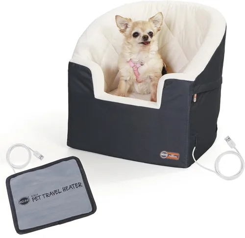 K&H Pet Products Asiento elevador de cubo para perros pequeños y medianos - Asiento de coche lavable y calefactable con correas de seguridad - Carbón