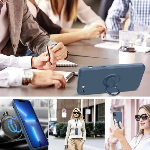 Vista 7 de Funda para Samsung Galaxy S23 Ultra, con soporte de anillo giratorio de 360° y correa de silicona líquida, delgada, a prueba de golpes, funda Azul